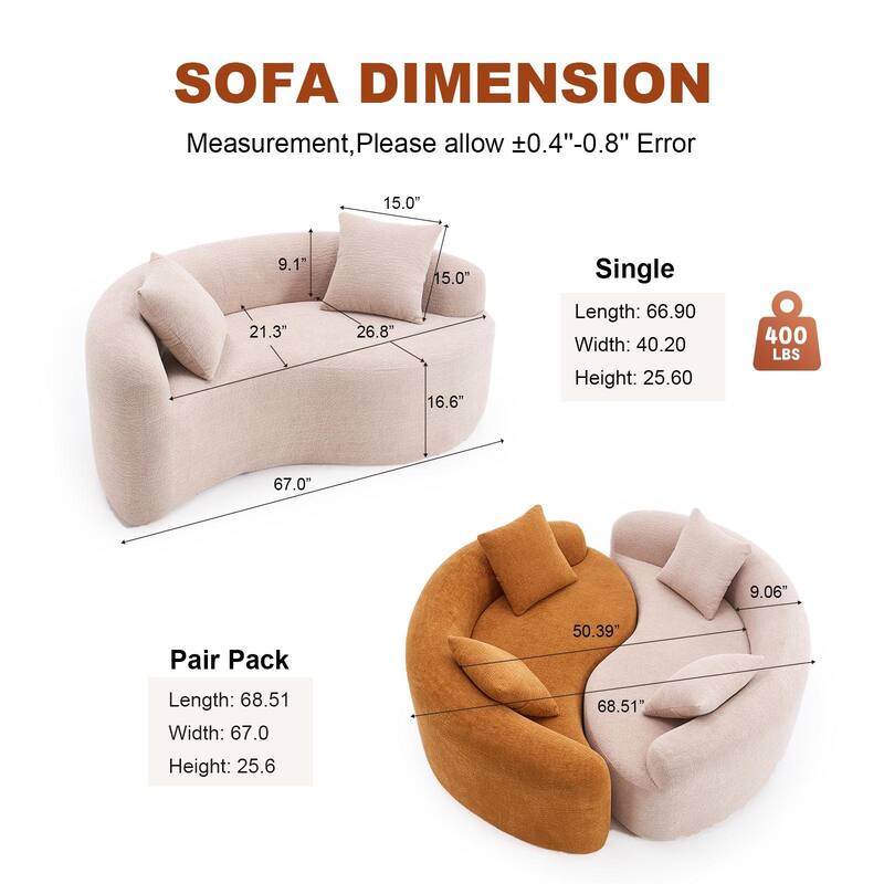 Yin-Yang Design Single Chaise Couch S-curved Chenille Sofa, Purchase 2pc for Combination into Tai Chi Round Sleeper Sofa Bed