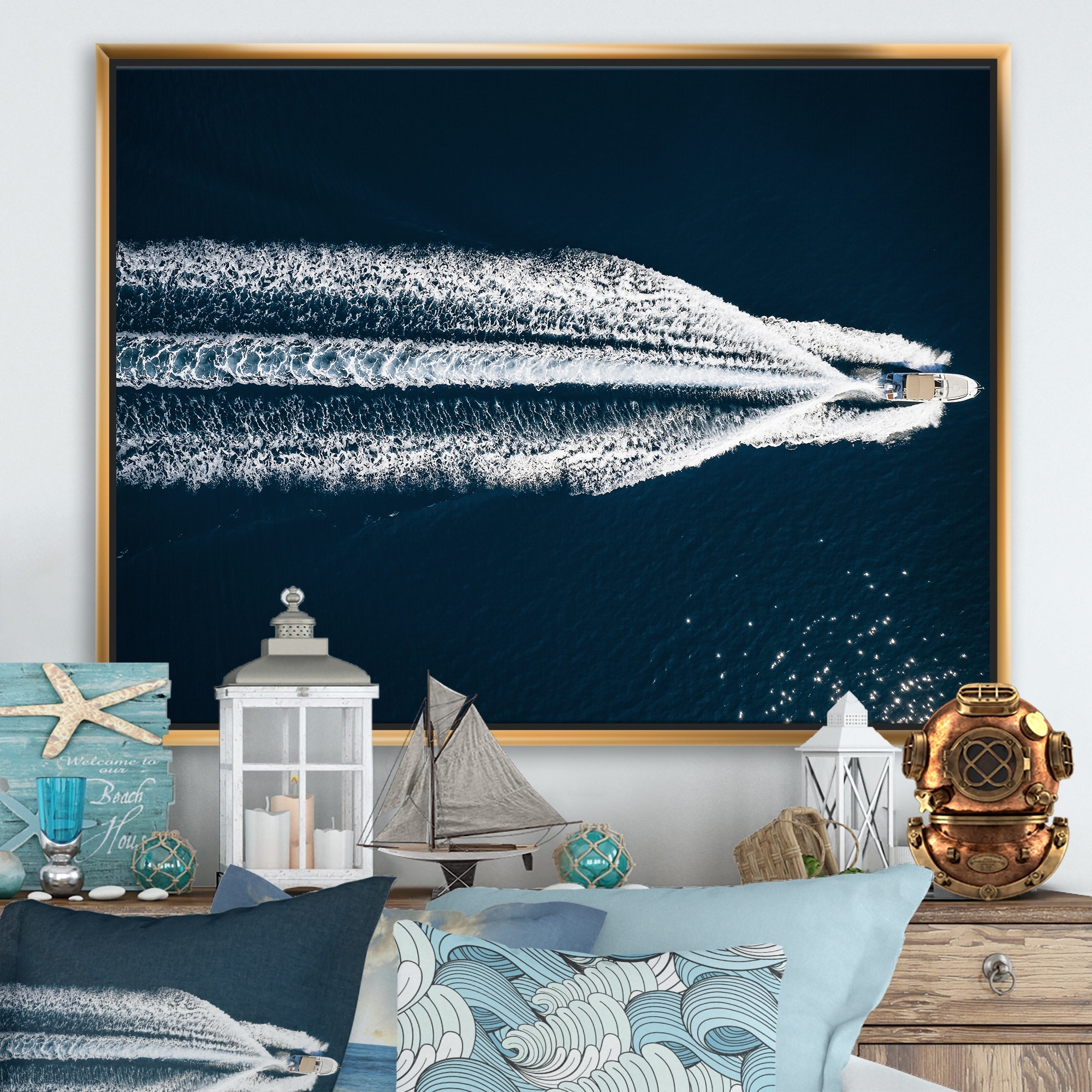 Designart Aerial View Of Speed Boat In Mediterranean Sea Traditional Framed  Canvas Wall Art Print - On Sale - Bed Bath & Beyond - 32595000