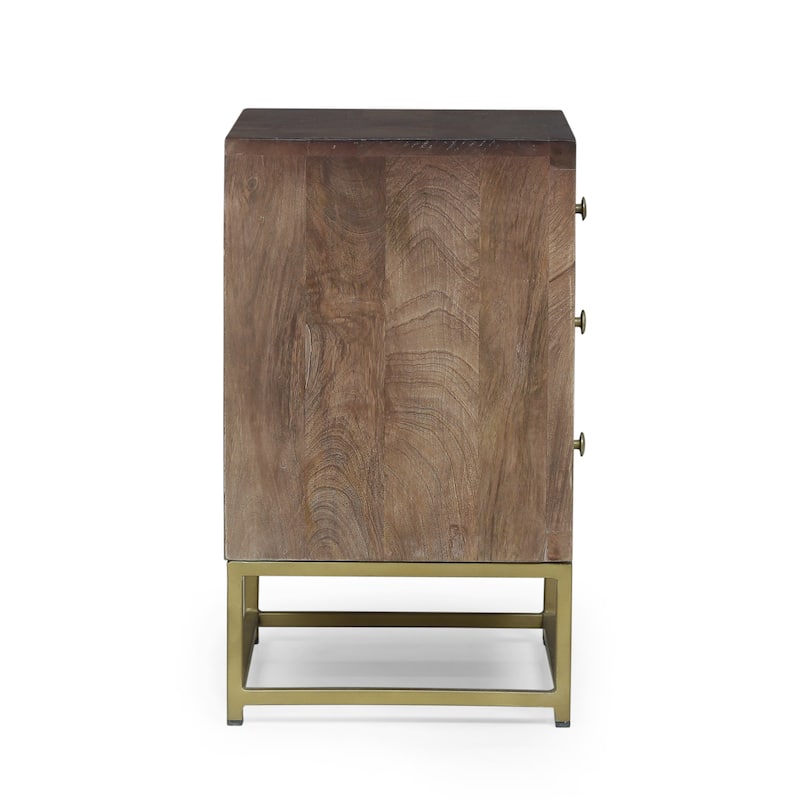 Contemporary Mango Wood Nightstand, Mid-Century Modern Design, Gold Accents, Durable Iron Frame, 3 Drawers