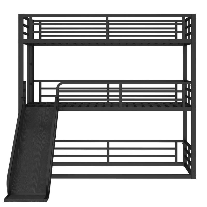 Metal Triple Bunk Bed Frame with Full Length Guardrail, Slide and Ladder, Heavy Duty Metal Slat Support, Noise Free