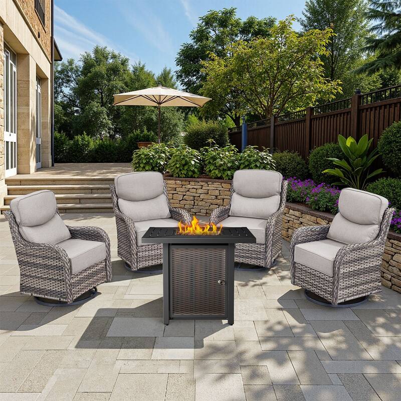 Arcadia 5-Piece Wicker Patio Set with 4 Swivel Glider Chairs and Square All-Iron Fire Pit - Beige Cushions - Gray Wicker