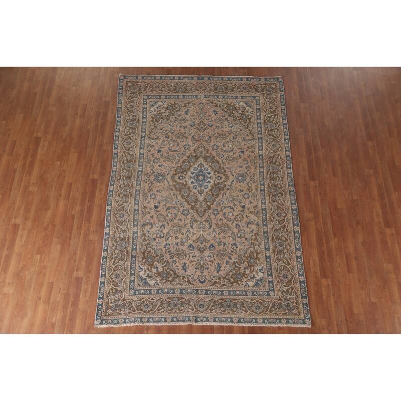 Hand Knotted Oriental 100% Wool Carpet Traditional Floral Coral Mashad Area Rug - 9' 1'' X 6' 1''