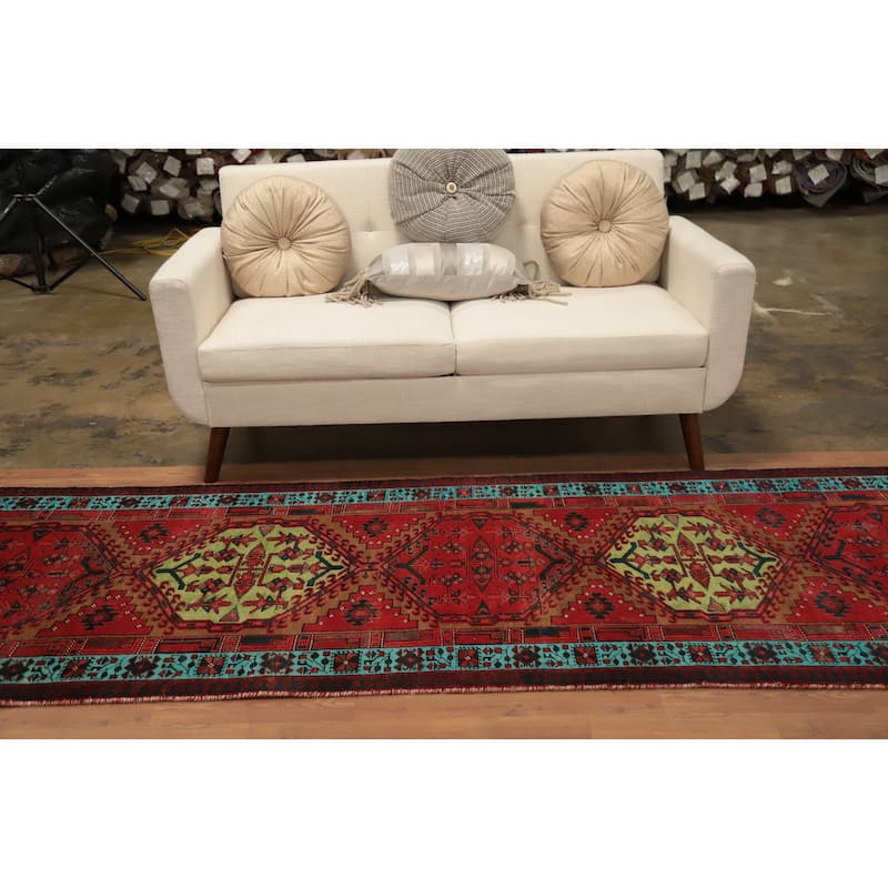 Hand Knotted Oriental 100% Wool Carpet Traditional Geometric Red Ardebil Runner Rug - 10' 6'' X 3' 4''