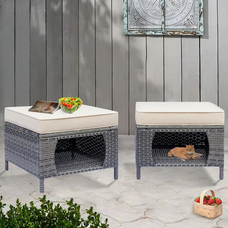 2 Pieces Outdoor Patio Furniture Rattan Storage Ottoman with Cushion - Beige Cushion-Gray Wicker