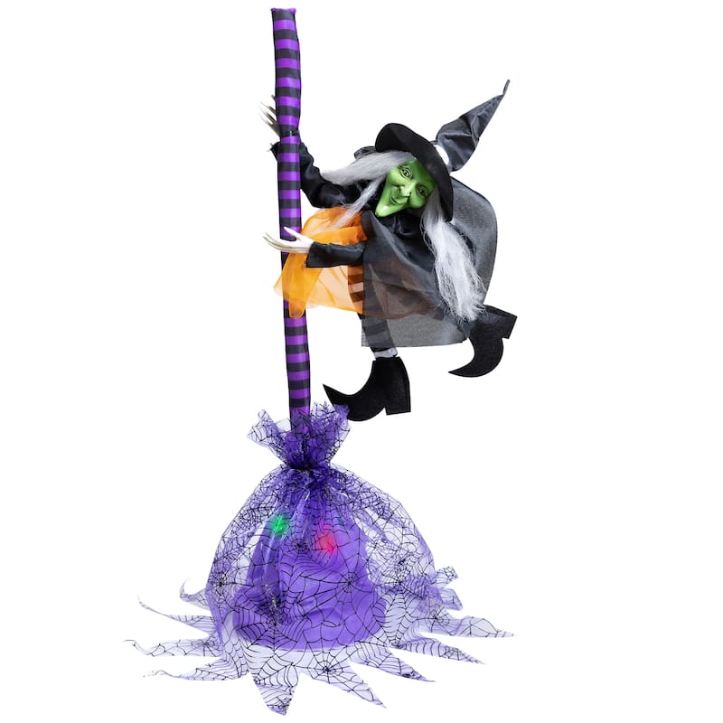 Animated Flying Witch with Broom Halloween Decoration - 25"
