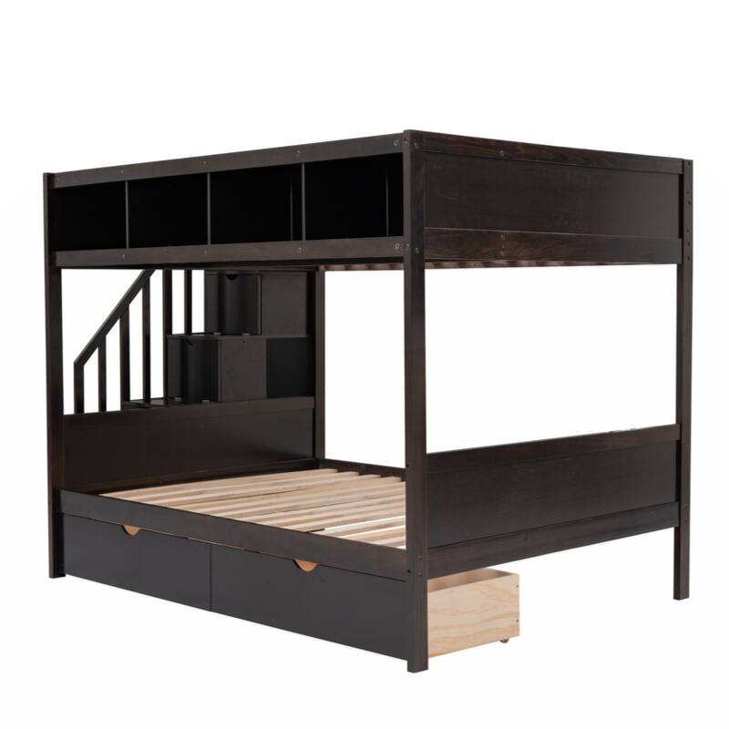 Twin over Full Bunk Bed with Shelfs, Storage Staircase and 2 Drawers