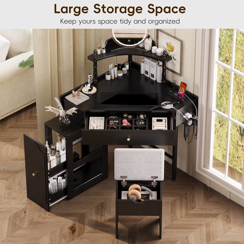 Roomfitters Corner Vanity Desk Set with Stool, Charging Station, Glass Top, Drawer, Shelf, Pull-Out Cabinet