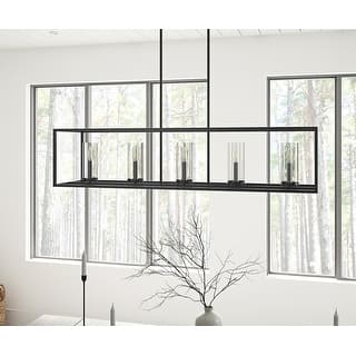 Farmhouse 5-Light Rectangle Metal Frame Kitchen Island Chandelier with Glass Shades