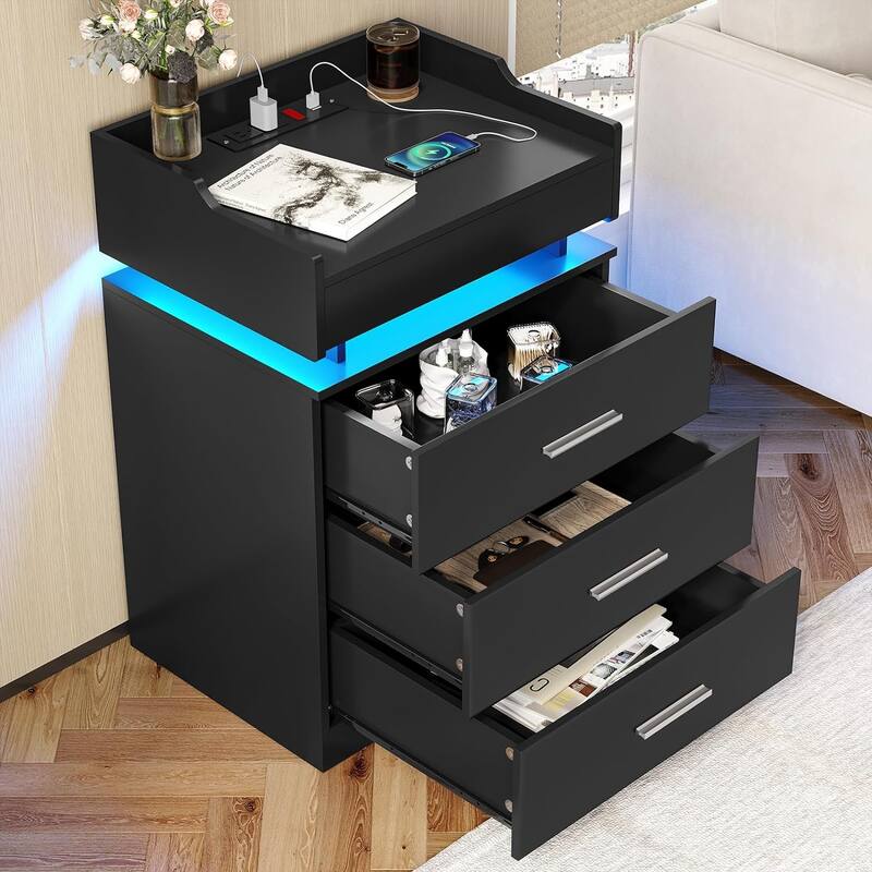 Nightstand with Charging Station and LED Lights 3 Drawers