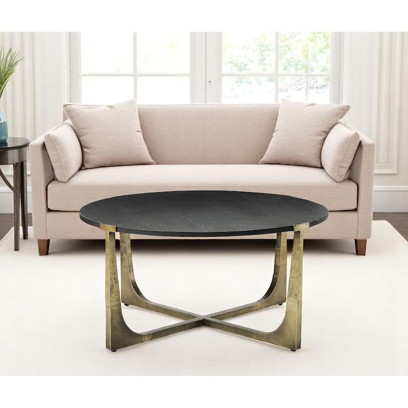 HomeRoots 34" Antiqued Gold Solid Wood and Iron Round Distressed Coffee Table - 34' X '16.25' X '34 - Black
