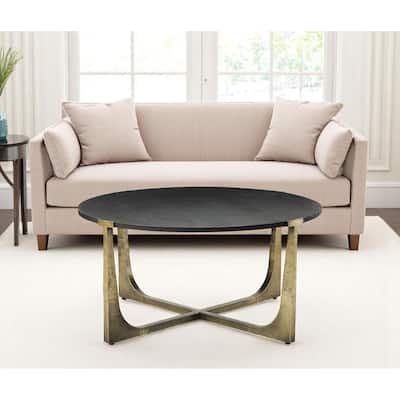 HomeRoots 34" Antiqued Gold Solid Wood and Iron Round Distressed Coffee Table - 34' X '16.25' X '34