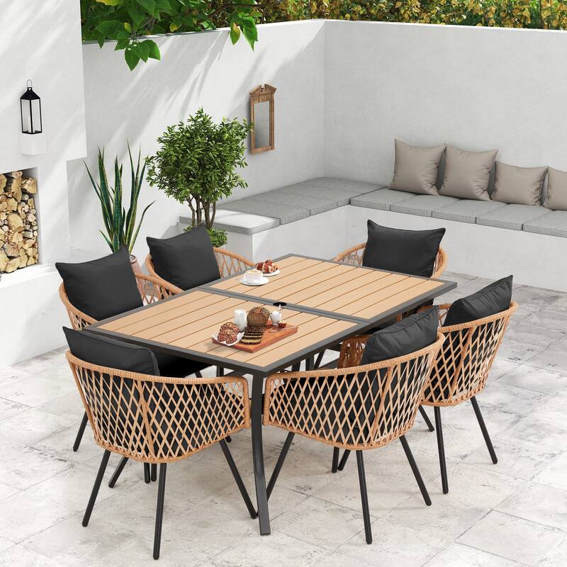 EROMMY 7 Piece Outdoor Dining Set with Umbrella Hole, Patio Table and 6 Rattan Chairs with Cushions, Weather-Resistant Furniture
