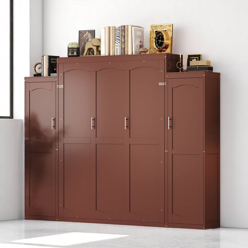 Full/Queen Murphy Bed with 2 Wardrobes and Shelf, Foldable Wall Bed Frame with Storage for Guest Room or Bedroom - Walnut - Queen