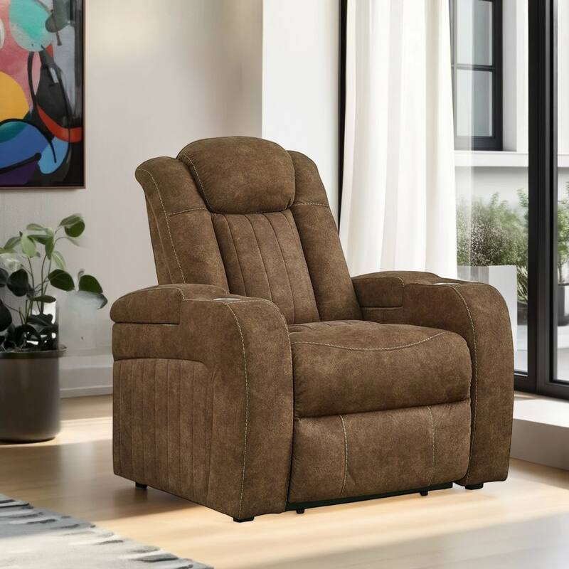 Alexy Power Recliner Chair, Cupholder, USB Port, Brown Faux Leather