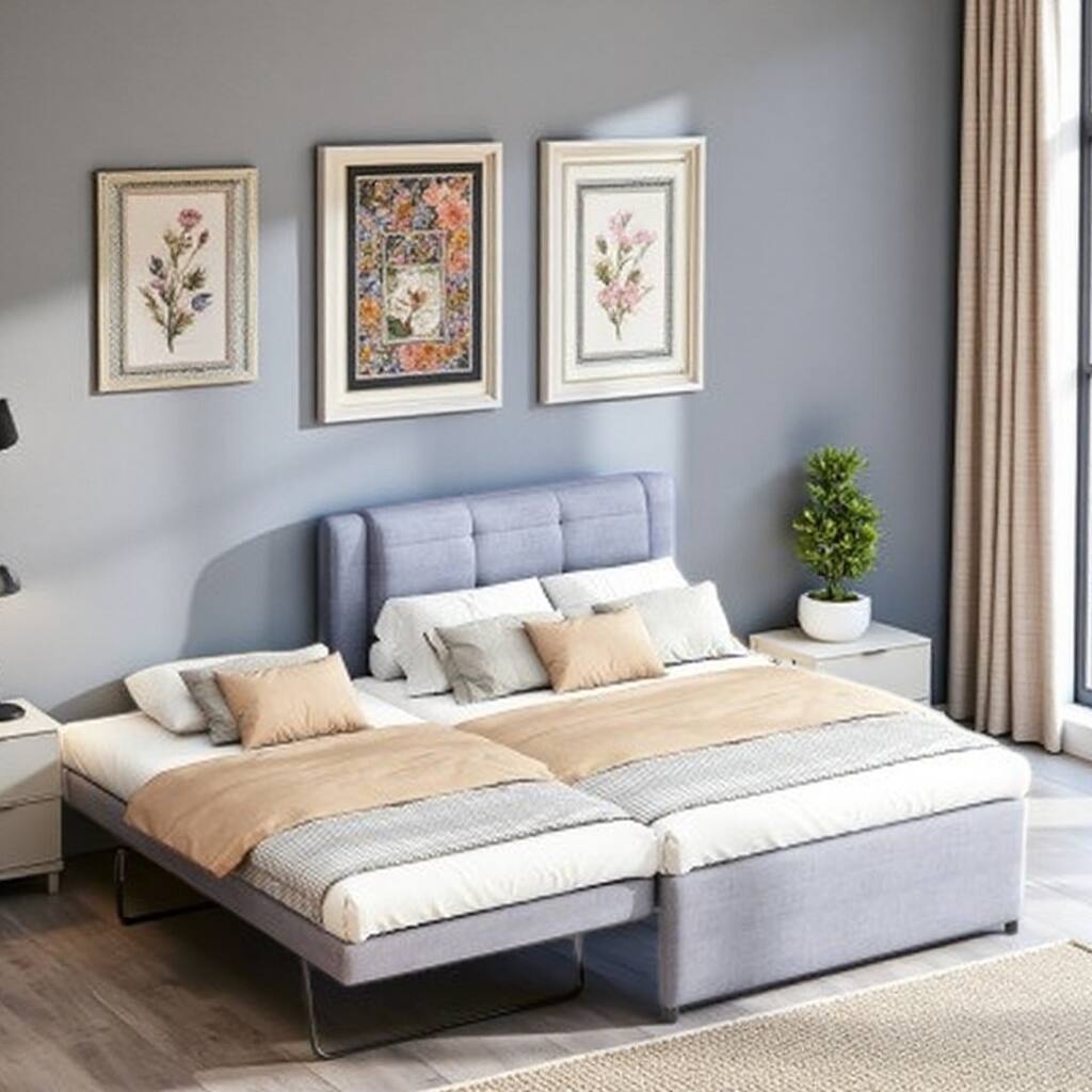 Full Size Upholstered Platform Bed with Multifunctional Trundle, Trundle Can Be Flat or Elevated, No Box Spring Required
