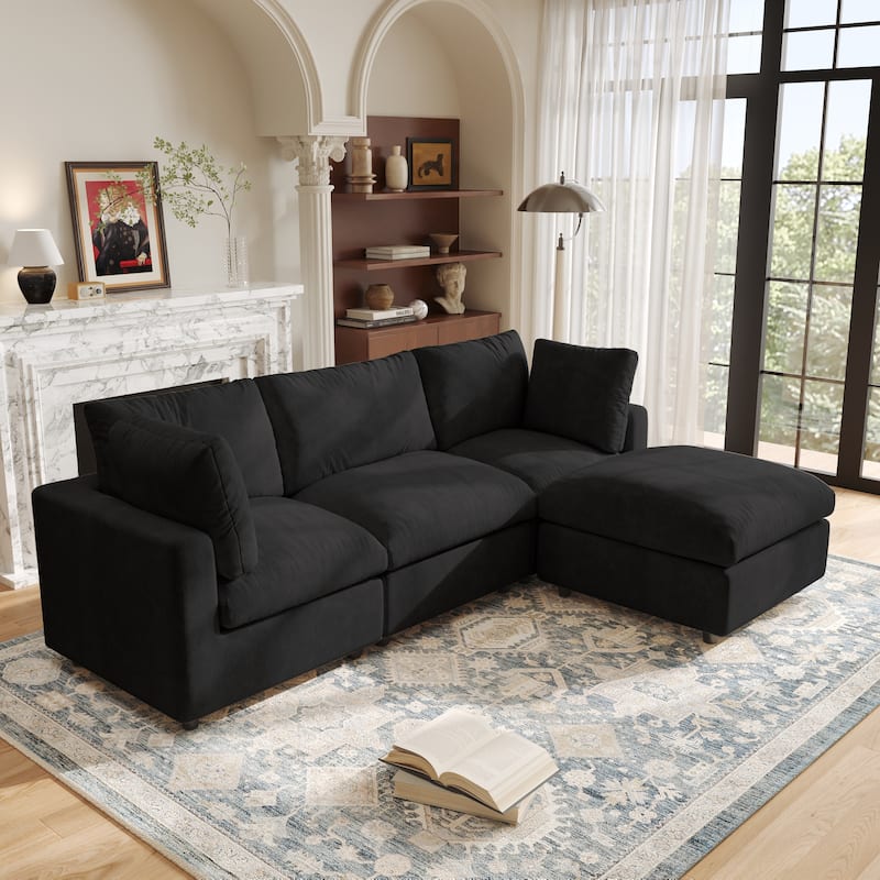 3 Seat Sectional Sofa Comfy Cloud Couch for Living Room Modern Sofa Sleeper Deep Couches with Ottoman - Black