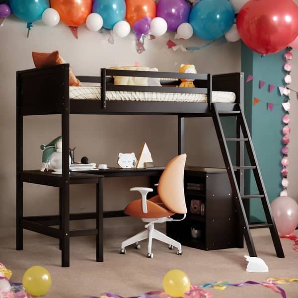 slide 2 of 18, Twin Size Wooden Loft Bed With Shelves and Desk for Home Espresso