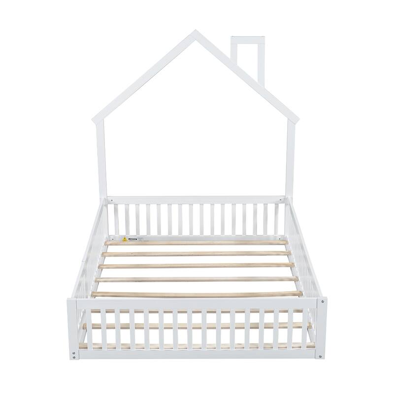 Full Size House Platform Bed with Guardrail, White