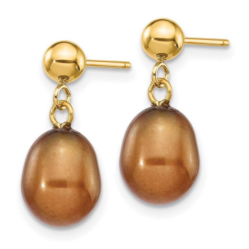 Curata 14k Yellow Gold 7-7.5mm Brown Freshwater Cultured Pearl Dangle Earrings 17x7.5mm