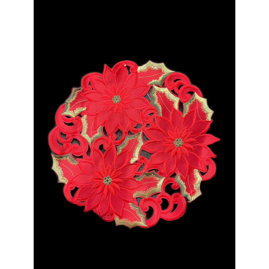 Poinsettia and Green Leaf Embroidered Cutwork Round Placemat, 12" dia.