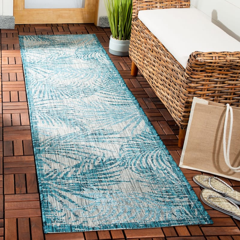 SAFAVIEH Courtyard Ellen Indoor/ Outdoor Waterproof Patio Backyard Rug - 2'3" x 8' Runner - Grey/Aqua