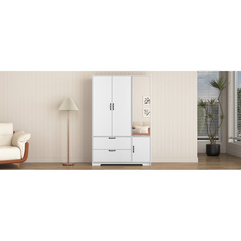 4 Doors Wardrobe Closet with Mirror, LED Wardrobe with Doors and 2 Drawers, Wooden Wardrobe Storage Cabinet with Hanging Rod - White