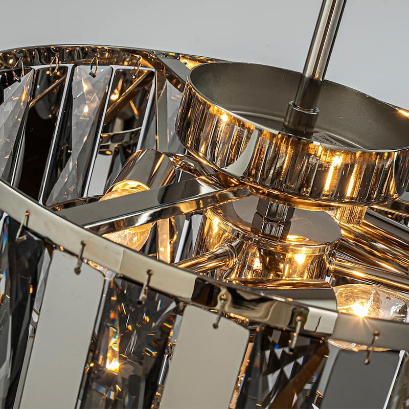 Dimmable Modern Smoked Crystal Chandelier Contemporary Round Polished Nickel Pendant Light Fixture for Dining Room Bedroom