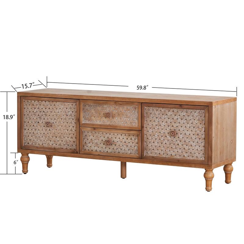 Boho Rattan TV Stand with Drawers, Wooden Media Cabinet TV Console Entertainment Center for TVs 55 60 65 Inches