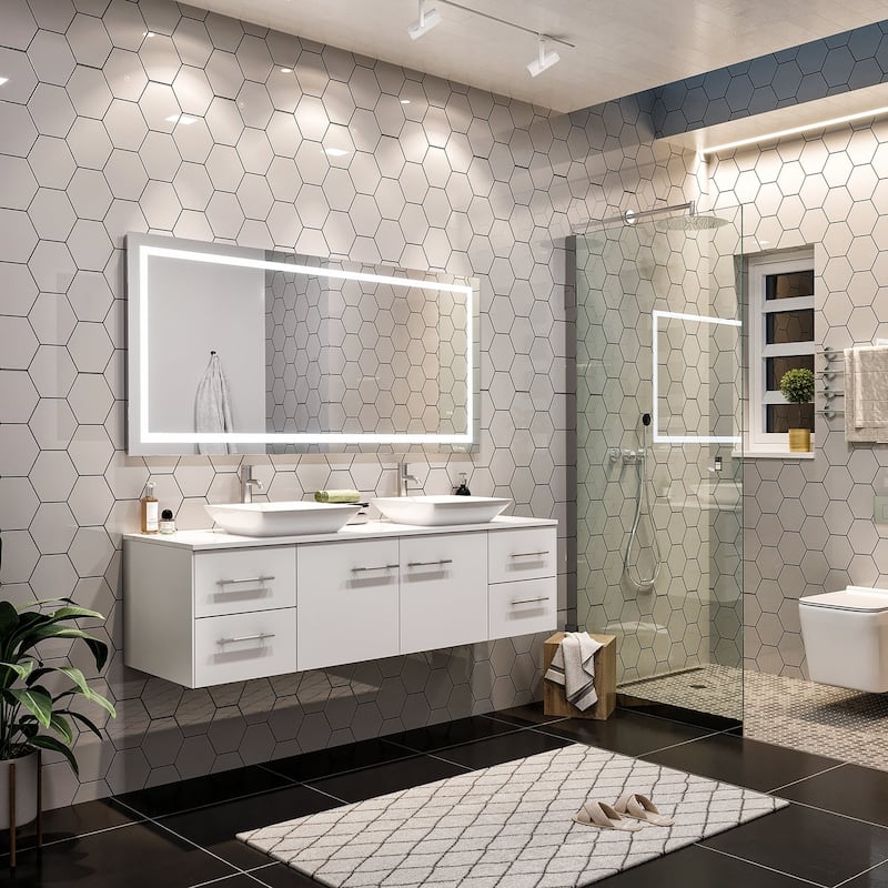 Eviva Wave 60" White DS Bath Vanity with Quartz Top & Vessel Sinks