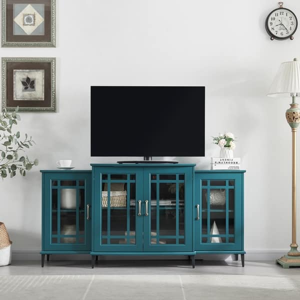 Teal Blue TV Stand Console Table with Glass Doors - Bed Bath & Beyond ...