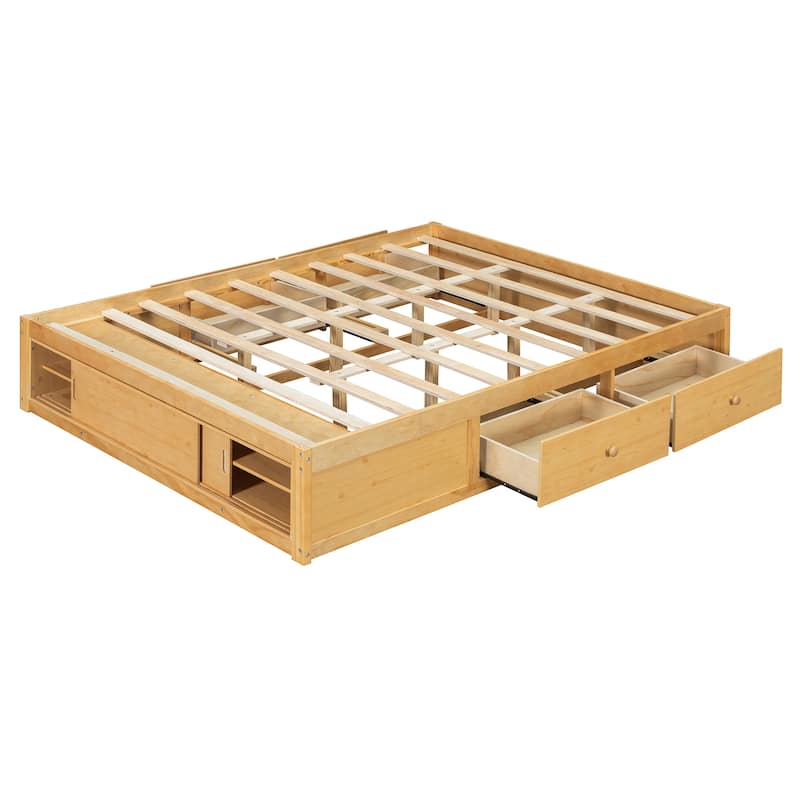 Queen Size Platform Bed Frame with 4 Storage Drawers & Footboard Cubby, No Headboard Design