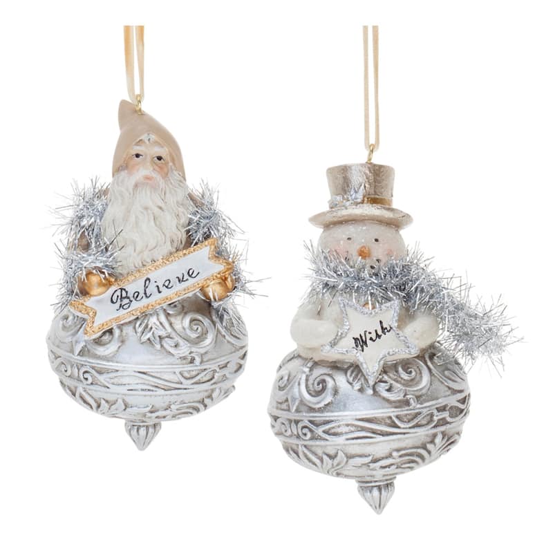 Ornate Santa and Snowman Christmas Finial Ornaments - 4.5" - Silver and White - 6ct