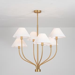 6-Light Modern Gold/Matte Black Sputnik Staggered Large Chandelier with Cone White Fabric Shade