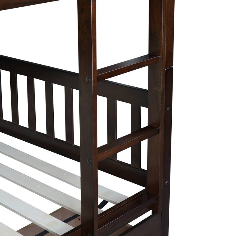 Full Over full Rubber Wood Bunk Bed with 2 Drawers, into 2 full Beds, full Size Bunk Bed with Ladder and Safety Guardrails