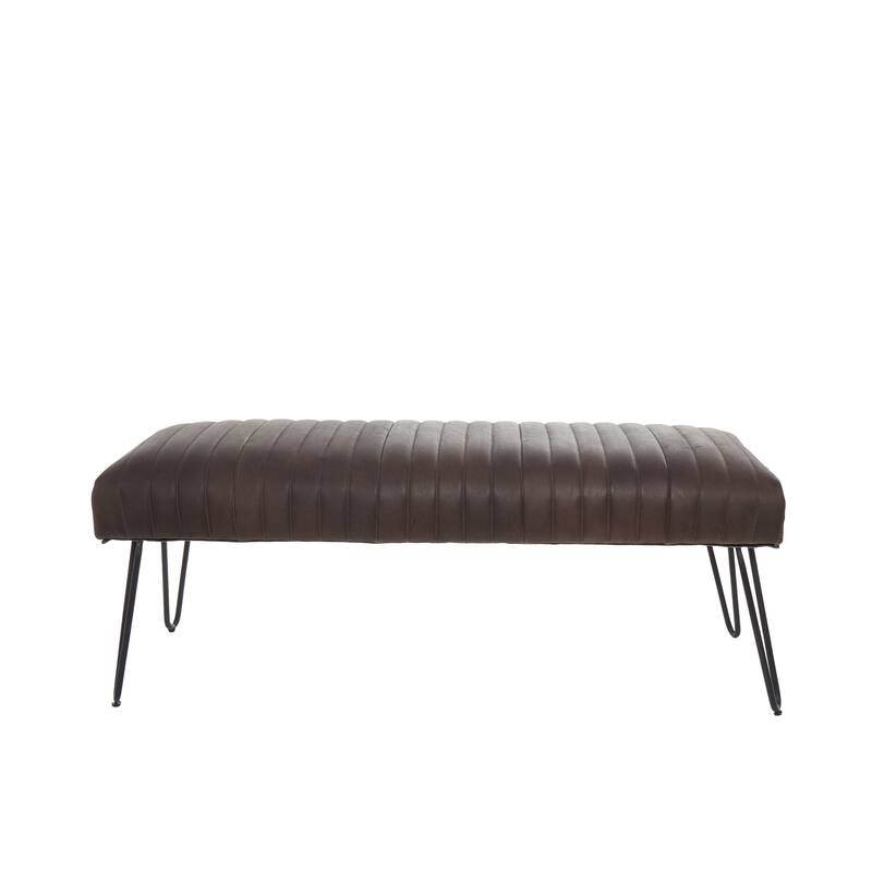 Brown Leather Upholstered Bench with Linear Tufted Panels and Black Metal Hairpin Legs