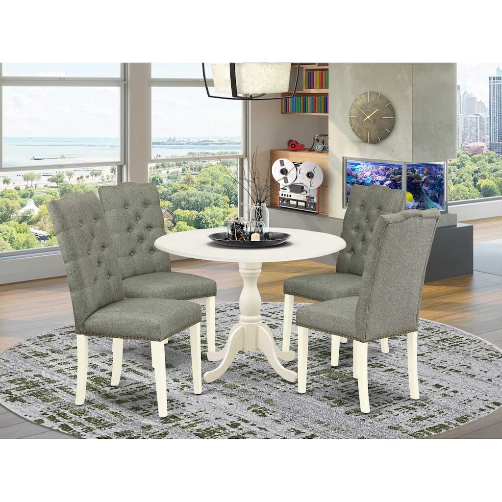 5-Piece Linen White Finish Solid Wood Top Dining table with 4 Chairs with Drop Leaf