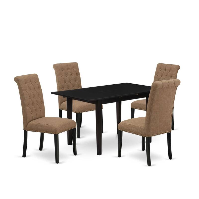 HomeStock 5-Pc Black Solid Wood Top - Rectangular Button Tufted Upholstered Dining Room Set with Butterfly Leaf - Seats 4