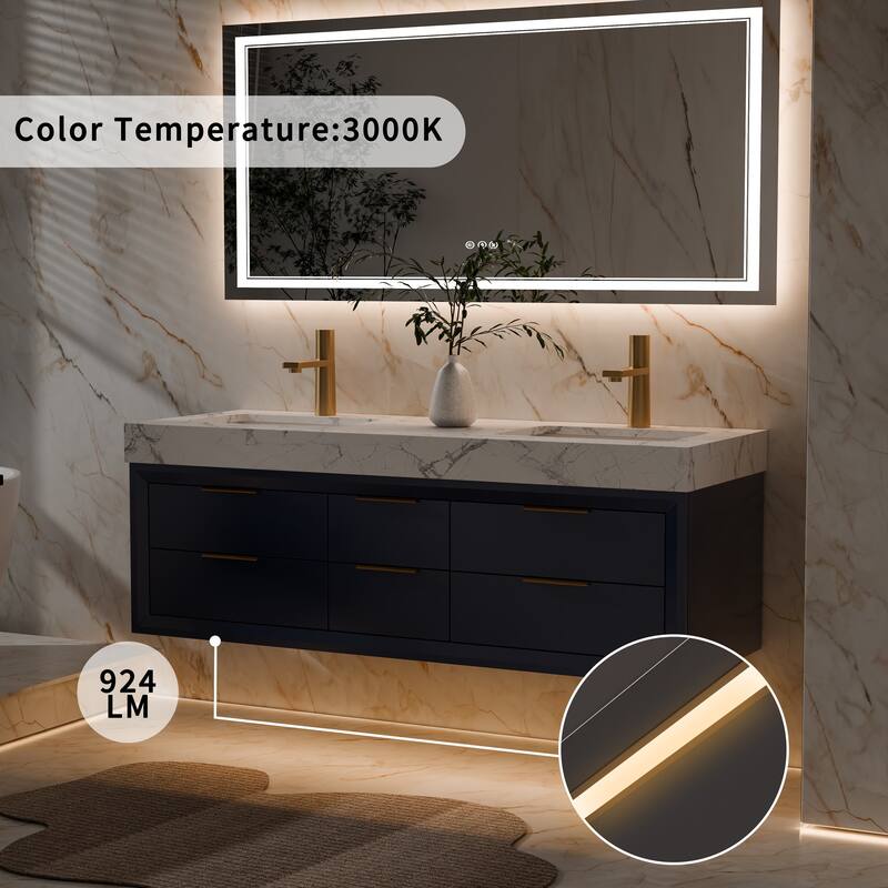 Modland 60" Modern Floating Bathroom Vanity with Double Sink, Soft-Close Drawers, White Stone Countertop