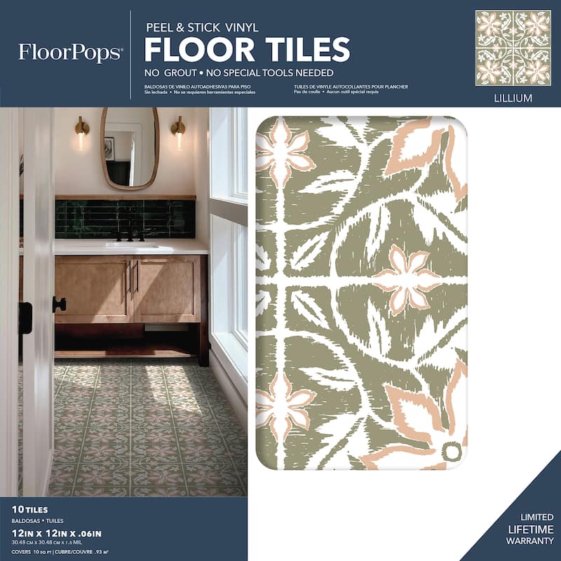 FloorPops Lillium Green Peel and Stick Floor Tiles