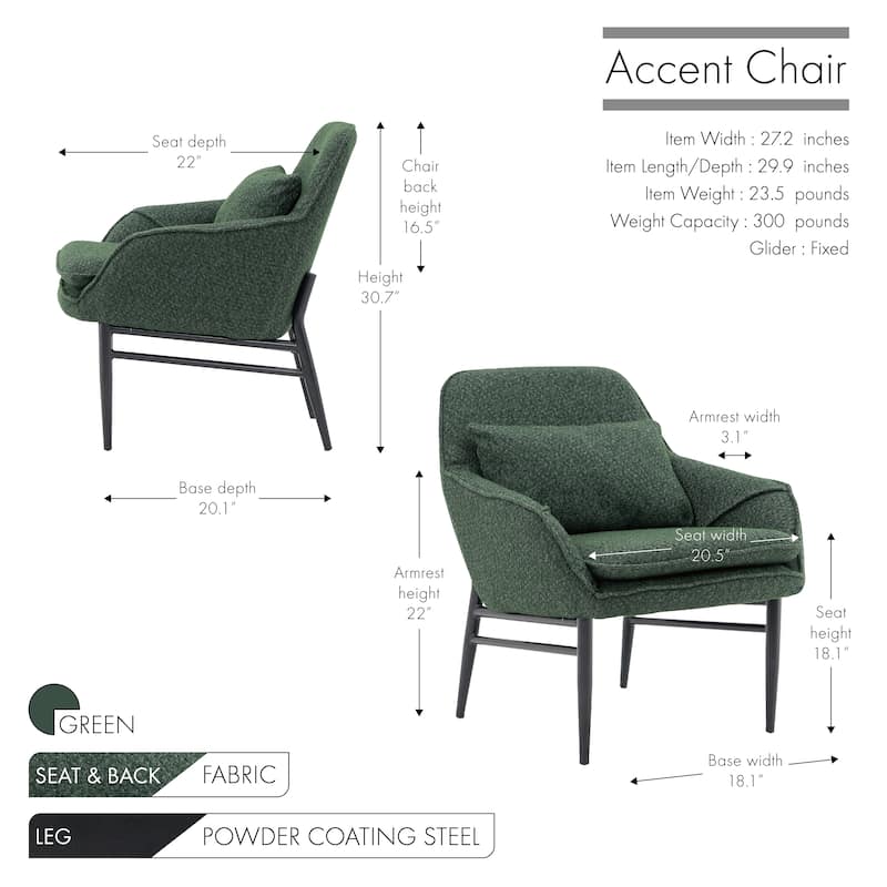 Porthos Home Hali Fabric Upholstered Accent Chair with Pillow, Steel Legs