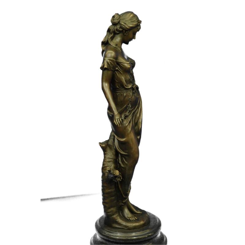 Signed Moreau Young Woman With A Long Stem Of Flower 100 Percent Solid Bronze Marble