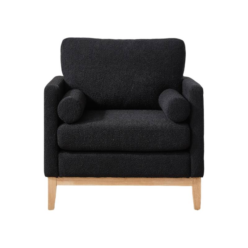 35" Farmhouse Style Boucle Single Sofa Accent Chair with Storage Footstool, Natural Wood Legs for Living Room, Office