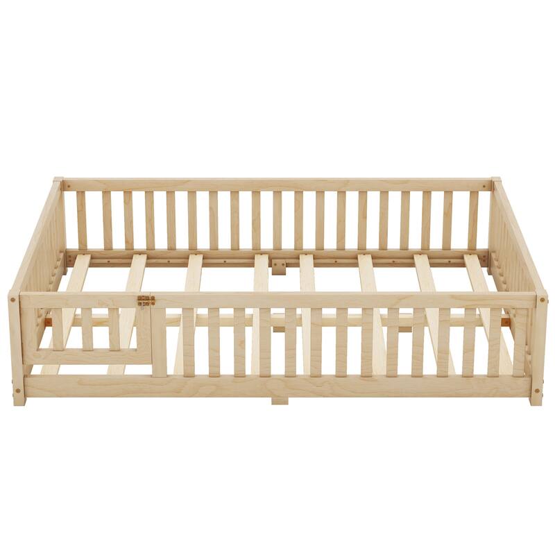 Natural Full Size Pine Wood Floor Bed with Safety Guardrails and Door