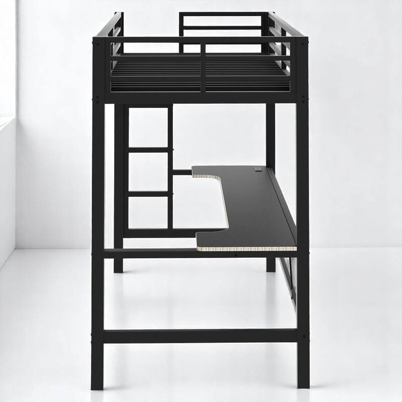 Twin/Full Size Gaming Metal Loft Bed with Desk, Remote LED Light & USB Charging Station - Space-Saving Frame