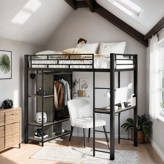 Twin Size Metal Loft Bed with Built-in Wardrobe, Desk & Shelves, Black