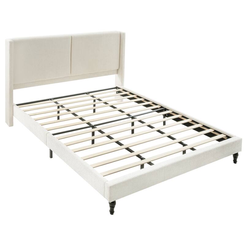 King Size Upholstered Bed Frame with High Back Headboard, Boucle Fabric, Solid Wood Legs, No Box Spring Needed