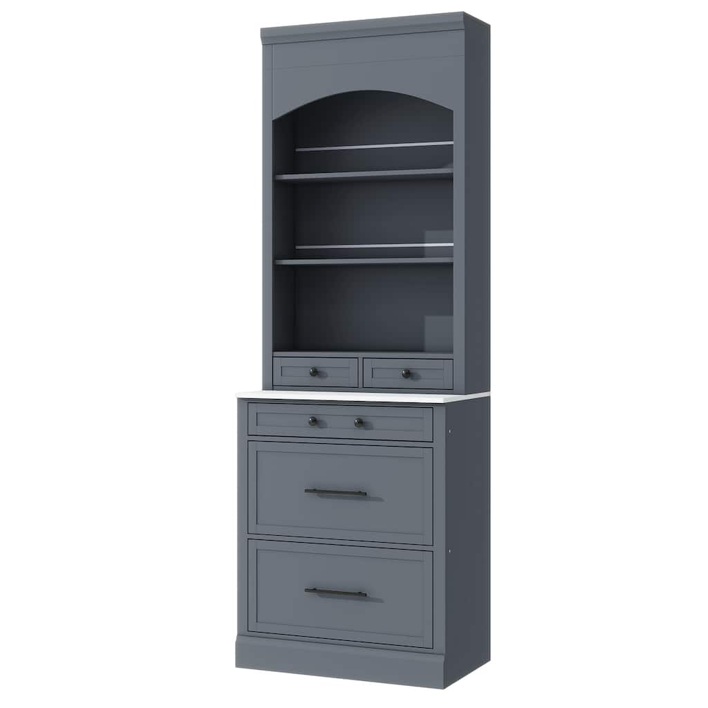 FurnitureR 83.7" Tall Kitchen Pantry Cabinet with Faux Marble Top, 5 Drawers and Adjustable Shelf