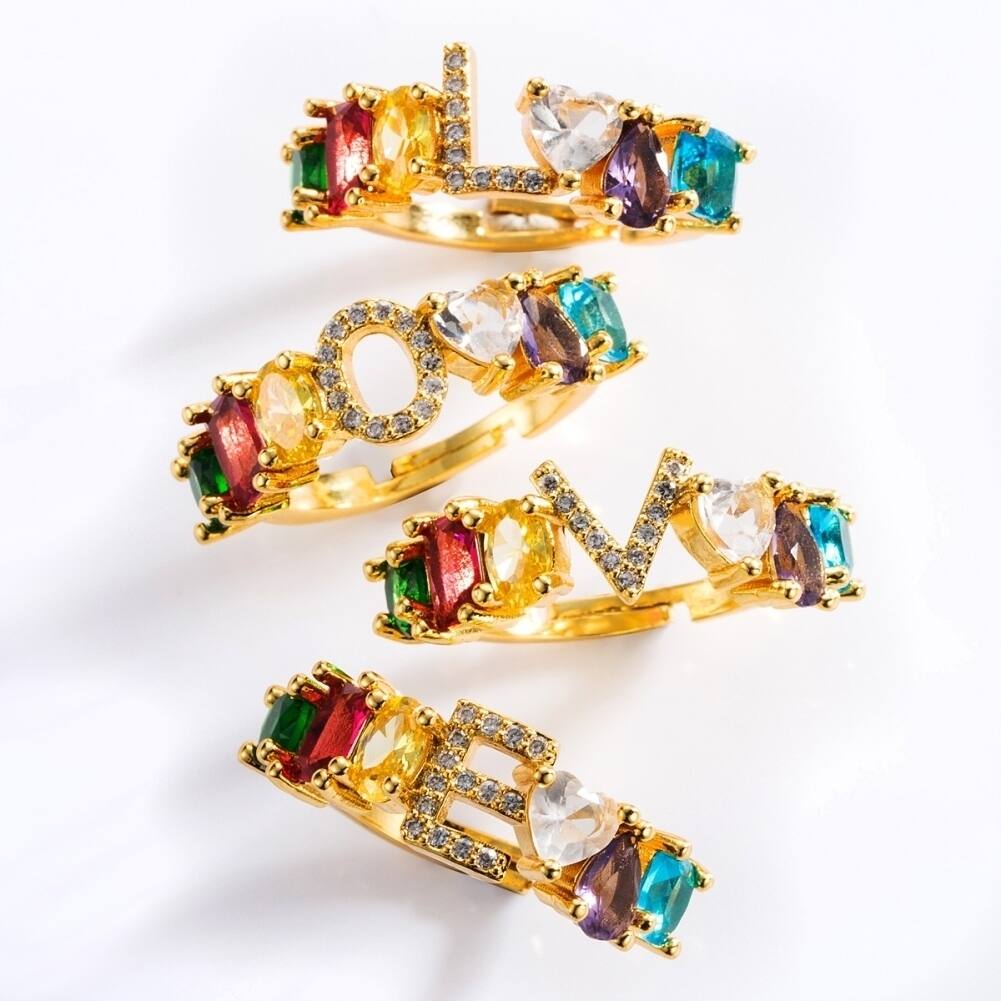 Unisex Rainbow Cubic Zirconia Inlaid Letter Open Ring Adjustable Jewelry Gift