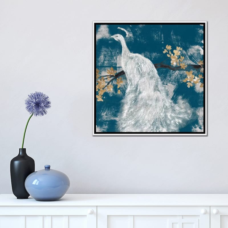 iCanvas "White Peacock on Indigo II" by Jennifer Goldberger Framed Canvas Print