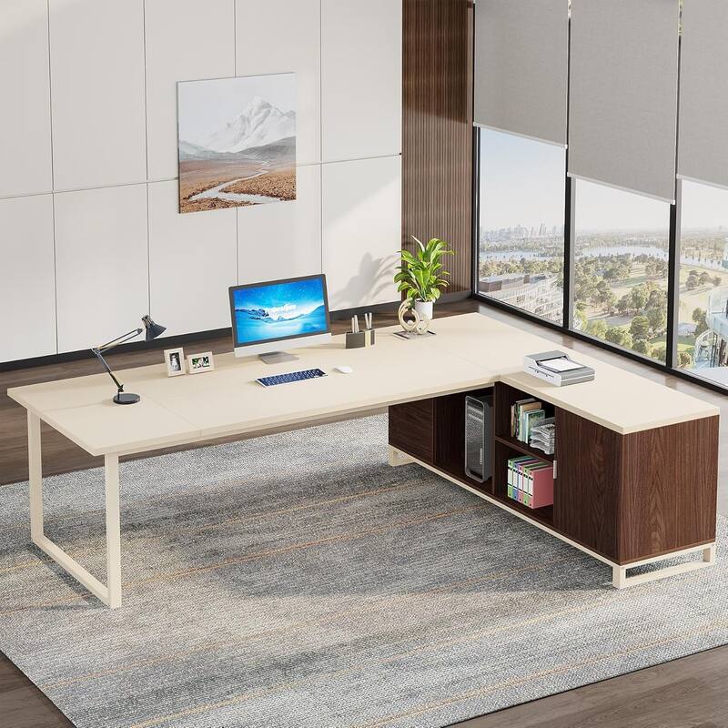70.8" L-Shaped Executive Desk with 55" File Cabinet, Large Computer Desk with Storage Shelves/Cabinet for Home Office